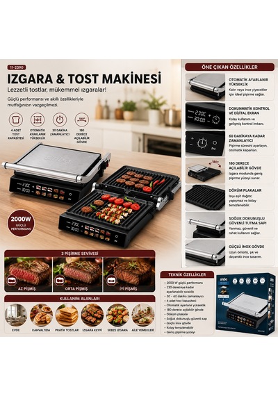 Izgara Ve Tost Makinesi 4 Dilim 2000w Yapışmaz Dokunmatik