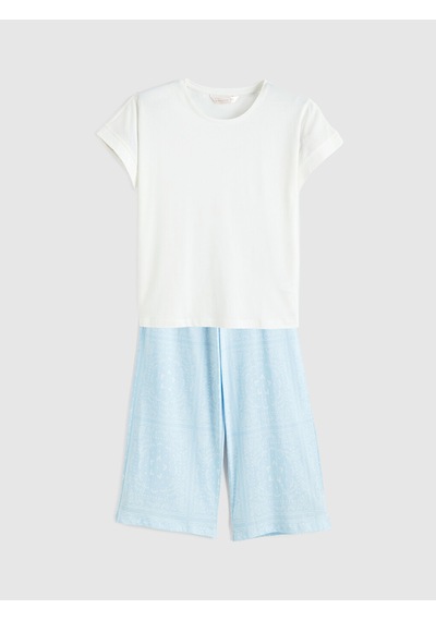 Lcw Dream Mavi Bisiklet Yaka Desenli Kadın Kaprili Pijama Takımı