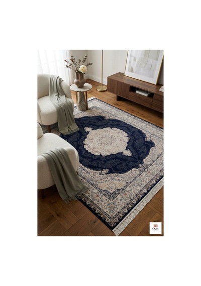 Royal Heritage Exclusive: Sanat Eseri Dokusunda Lacivert Madalyon Salon Halısı