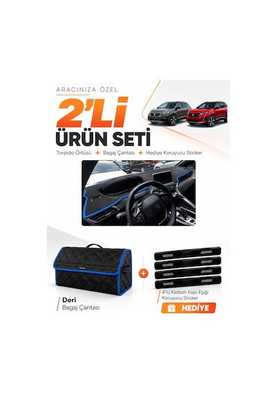 Peugeot 3008 2016-2023 Uyumlu Torpido Örtüsü + Deri Bagaj Çantası + Sticker Seti - Siyah Mavi