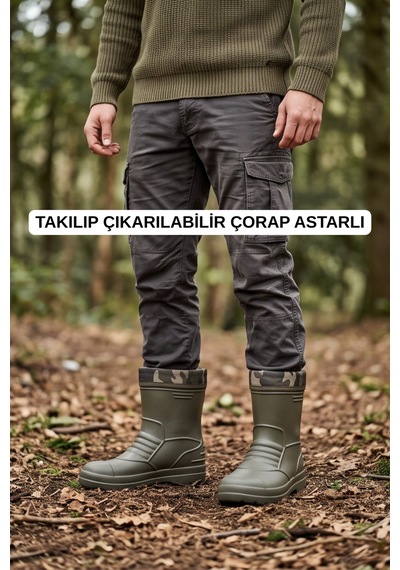 Rainguard Takılıp Çıkarılabilir Çorap Astarlı Kamuflaj Detaylı Kısa Yağmur Çizmesi Yeşil