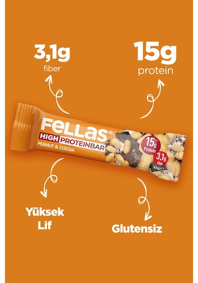 Fellas Yer Fıstığı ve Kakaolu Yüksek Protein Bar 45 Gr x 12 Adet