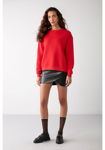 Grimelange Vaneltına  Kadın Içi Polarlı 3 Iplik Organik Pamuk Oversize Basic Bisiklet Yaka Kırmızı Sweatshirt