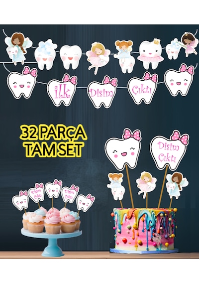 32 Parça İlk Dişim Çıktı Diş Buğdayı Seti Banner Pasta Kürdanı Cupcake Süsü Seti Pembe