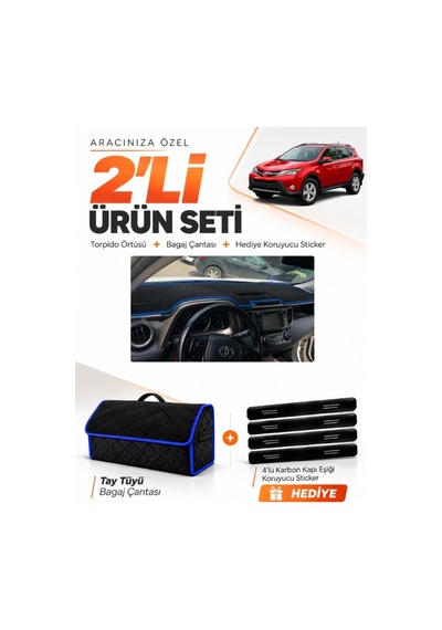 Toyota Rav4 2013-2018 Uyumlu Torpido Örtüsü + Tay Tüyü Bagaj Çantası + Sticker Seti - Siyah Mavi