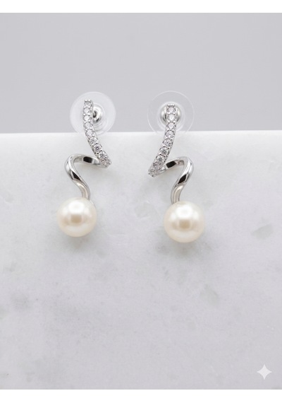 Rhea Jewelry Çelik Silver İnci Detaylı Zirkon Taşlı Kadın Sallantılı Küpe Modern Şık Tasarım Beyaz - Gümüş