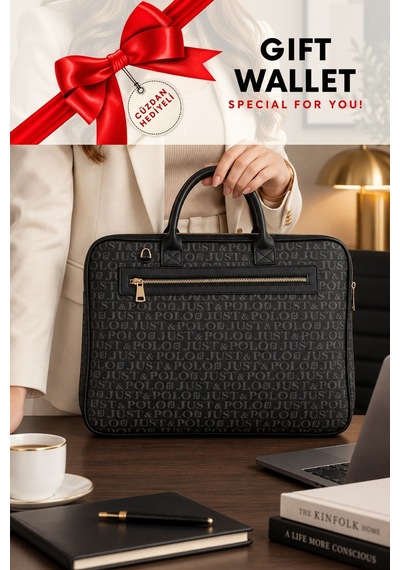 Siyah Cuzdanli Orijinal Just Polo Monogram Deri Laptop Ve Evrak Cantasi Siyah - Camel