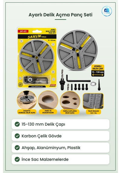 Matkap Ucu Ayarlı Delik Testere Panç Seti İla 130 Mm Ahşap Karbon