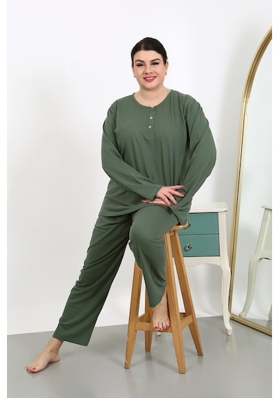 Akbeniz Kadın Büyük Beden Uzun Kol Penye Pijama Takımı Haki 202501 Haki