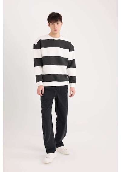 DeFacto 	Boxy Fit Bisiklet Yaka Çizgili Dokuma Etiketli Sweatshirt A9066AX24AUBK81