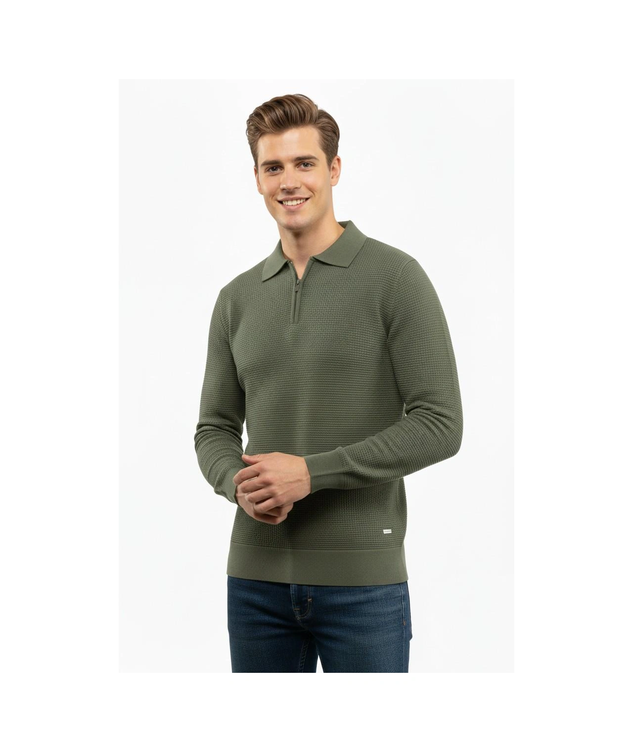 Çizgi Erkek Fermuarlı Polo Yaka Triko Kazak 5240f Bgl-st04852 Yeşil