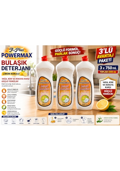 Powermax A Plus Bulaşık Deterjanı 750 Ml X3 Set Elde Bulaşık Yıkama Deterjanı