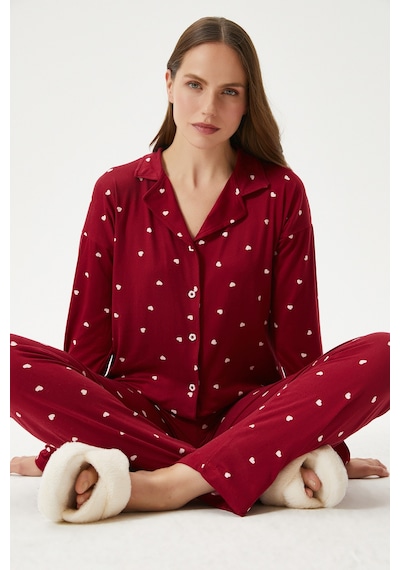 Ritnice Kadın Sweety Extra Soft Bordo Kalpli Pijama Takımı Bordo