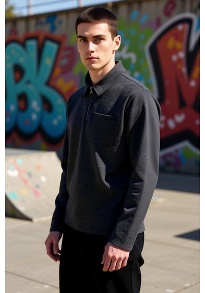 Benerly Erkek Polo Yaka Fermuarlı Standart Kol Sweatshirt Fonksiyonel Day Antrasit
