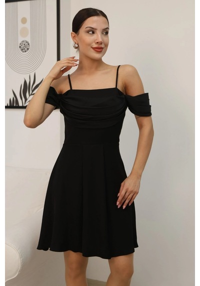 Lodmela Drape Detaylı Askılı Midi Elbise 2380-siyah Siyah
