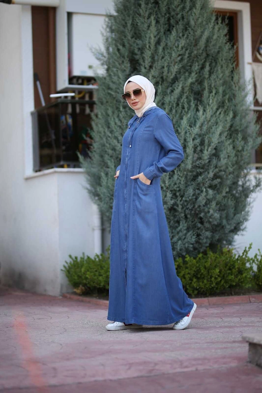 6463-denim Kapşonlu Ferace Koyu Mavi Koyu Mavi