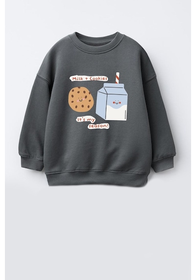 Monila Kız Çocuk 3 İplik Kumaş Pamuklu Kurabiye Baskılı Sweatshirt Antrasit