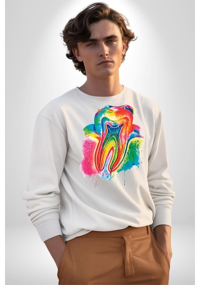 Diş Doktoru Diş Anatomisi Özel Tasarım Unisex Beyaz Sweatshirt Beyaz