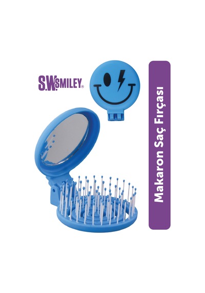 Beauty Makaron X Sw. Smiley Saç Fırçası - 3d Esnek, Aynalı, Çanta Boy - Compact Detangler Mavi