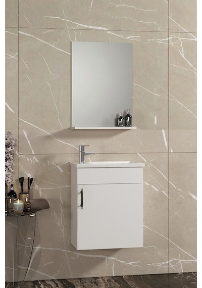 Lale 42x24 Cm Beyaz Mdf Seramik Lavabolu Asma Banyo Dolabı Takımı