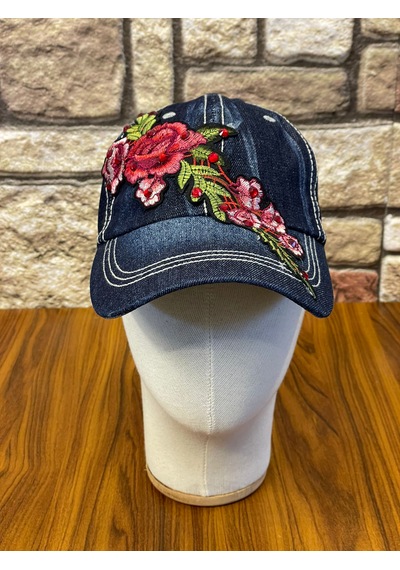 Hamze Jean Kot Denim İndigo Kumaş Taşlı Gül Desenli Beyzbol Cap Şapka Koyu İndigo