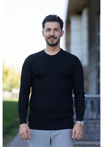 Hk Premium Erkek Fitilli Slim Fit Bisiklet Yaka Triko Kazak Siyah