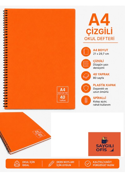 Saygılıofis 40 Yaprak A4 Spiralli Pp Kapak Çizgili Defter