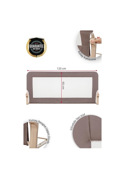 Wellgro Premium 120x65 CM Deri Kılıflı Yatak Bariyeri Katlanır Yatak Korkuluğu Kahve