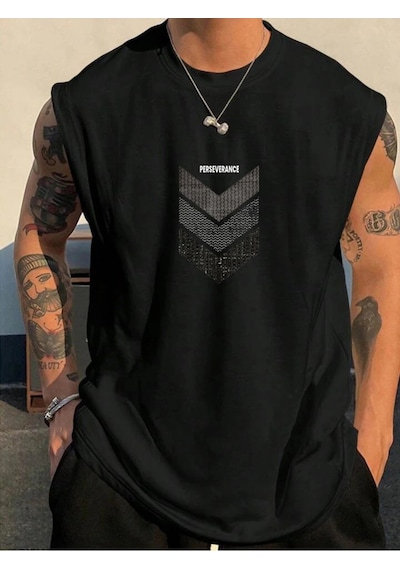 Tarzsokak Perseverance Baskılı Kolsuz Tshirt Erkek Sıfır Kol Giyim Spor Giyim Oversize Siyah