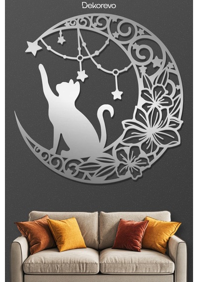 Floral Hilal Ve Kedi Silüeti Dekoratif Metal Tablo - Metal Duvar Sanatı - Krom - 30 X 30 Cm