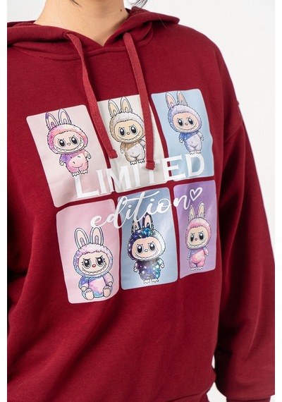 Kız Çocuk Labubu Baskılı 3 İplik Kışlık Şardonsuz Sweatshirt 4540 Bordo