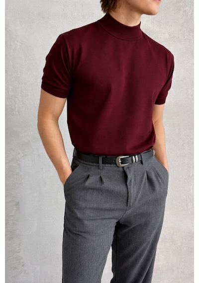 Erkek Oversize Yarım Balıkçı Triko Kısa Kol T-shirt Bordo
