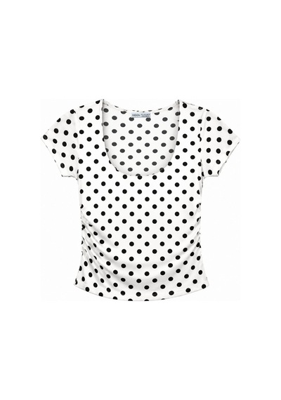 Vadon 1004 Kadın Pamuklu Kare Yaka Puantiyeli Yan Büzgü Detaylı Crop T-shirt Bluz Beyaz