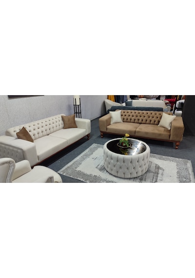 Lidya Model Koltuk Takımı Açık Krem - Kahverengi