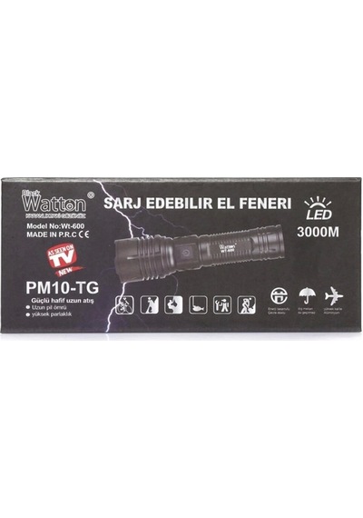 Güçlü El Feneri 3000 Lümen Wt-600 Siyah