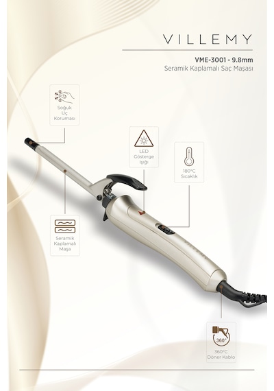 9.8 Mm Seramik Kaplamalı Profesyonel Saç Maşası İnce Ve Kalıcı Bukleler -vme-3001