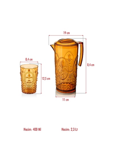 Akrilik Bal Sürahi 2,3 Lt Ve 6lı Su Meşrubat Kahve Yanı Bardağı 400 Ml Seti Cam Değildir Bal
