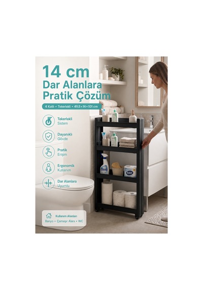 4'lü Slim Dar Alan Organizer Raf, Tekerlekli Çok Amaçlı Mutfak Ve Banyo Düzenleyici Siyah Diğer