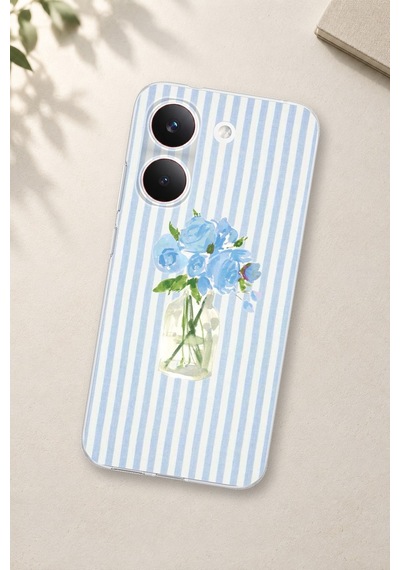 Poco X8 Pro Uyumlu Mavi Çizgili Sulu Boya Çiçek Baskılı Silikon Kılıf