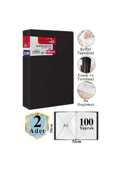 Siyah Sunum Dosyası 100 Lü 2 Adet Poşet Dosyalı Katalog Dosyası 100 Poşetli Kendinden Dosya Plastik Kapaklı Siyah