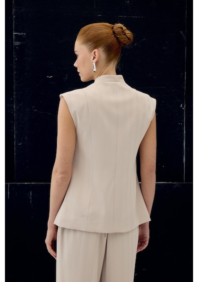 Sateen Anna Çizgili Yelek - Bej-137102 Bej