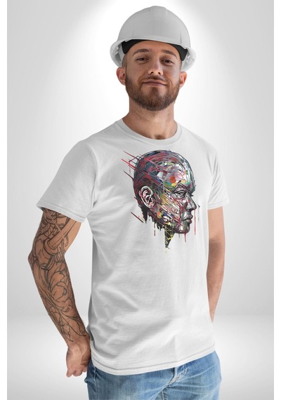 İnsan Kafası Sulu Boya Unisex Unisex Beyaz Organik Baskılı T-shirt Penye Yüksek Kalite Beyaz