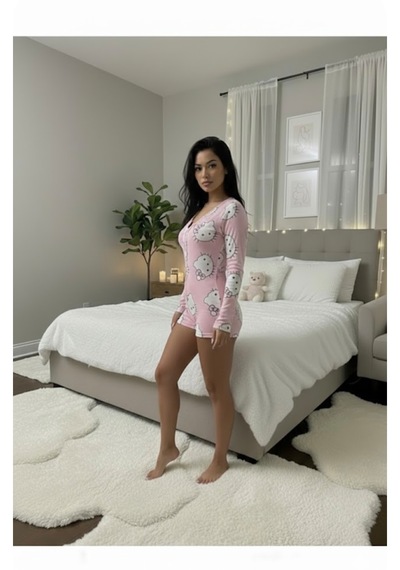 Trend Dokunuş Kadın Pamuklu Hello Kitty Desenli Düğmeli Uzun Kollu Şortlu Gecelik Tulum Pembe - Beyaz