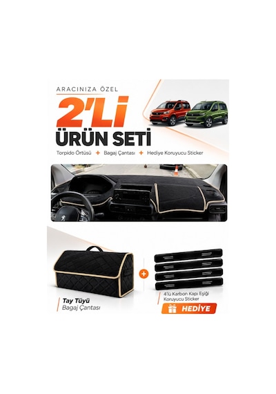 Peugeot Rifter 2018-2026 Uyumlu Torpido Örtüsü + Tay Tüyü Bagaj Çantası + Sticker Seti - Siyah Bej