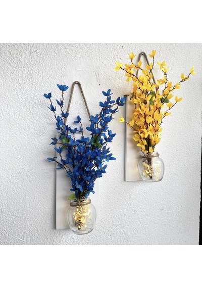 Led Işıklı, Sarı Ve Mavi Sakura Çiçekli Duvar Dekoru Beyaz İkili Set Beyaz