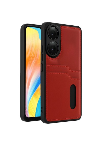 Oppo A38 Sara Kartvizitli Deri Kılıf - Kırmızı Kirmizi