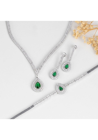 Gümüş Pazarım Hürrem Sultan Modeli Zümrüt Taşllı Damla Motifli 925 Ayar Gümüş Set Gümüş