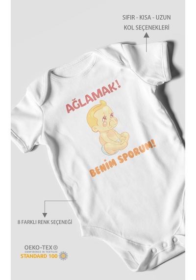Ağlamak Benim Sporum Baskılı Bebek Zıbını Çıtçıtlı Body %100 Pamuk Kısa Kol Beyaz