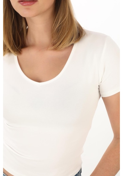 V Yaka Slim Fit Crop Tişört-ekru Ekru