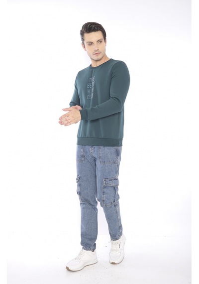 Escetic Erkek Spor Slimfit, Bisiklet Yaka Yeşil Sweatshirt-4273 Yeşil